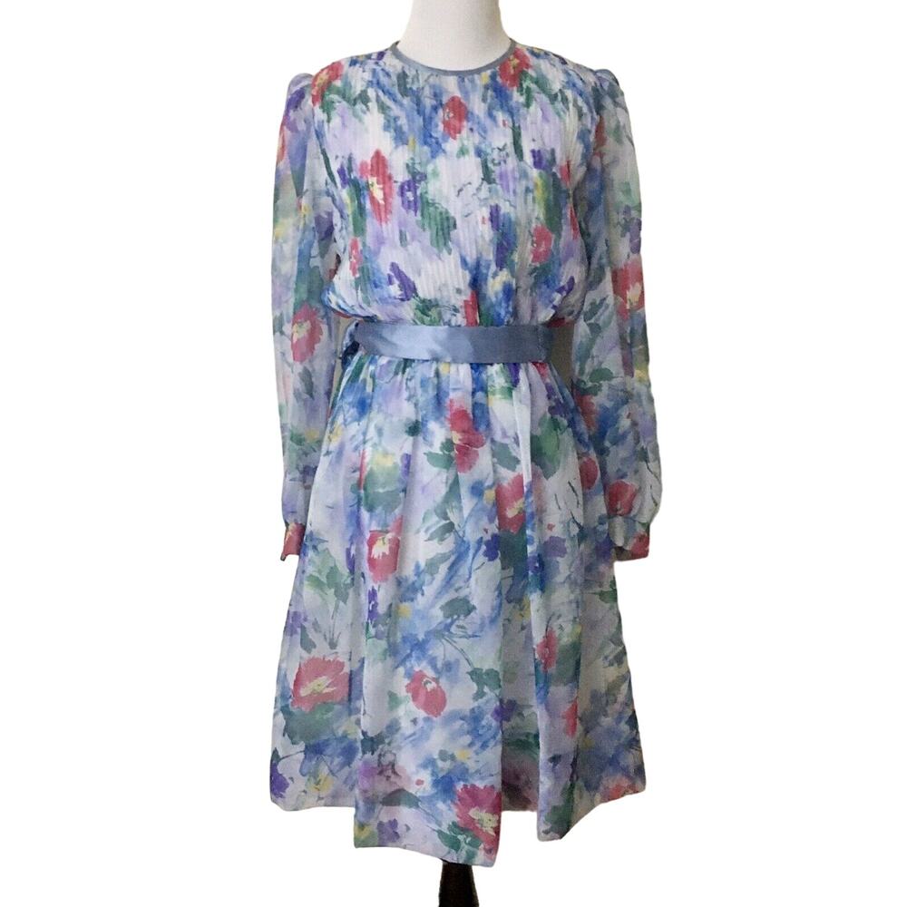 Vintage 80s Lisa Michaels dress size 6 floral pastel blouson long sleeve pleats